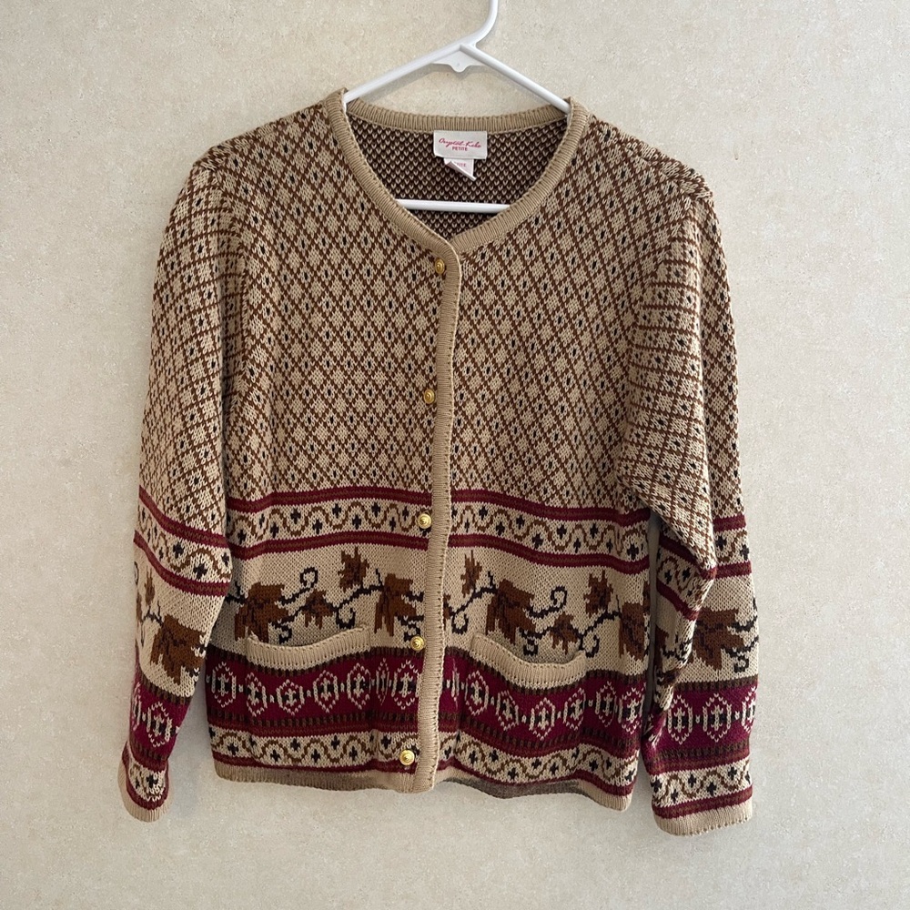 Vintage Crystal Kobe Petite Fall Leaves Knit Cardigan Sweater size Sp